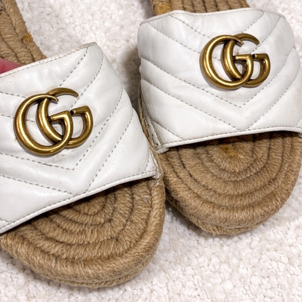 Gucci Marmont GG Gold White Quilted Leather Espadrille Slide Sandals - Picture 4 of 7